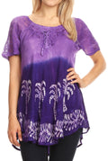 Sakkas Magda Womens Short Sleeve Flare Bohemian Blouse Top Lace Batik Printed#color_Purple