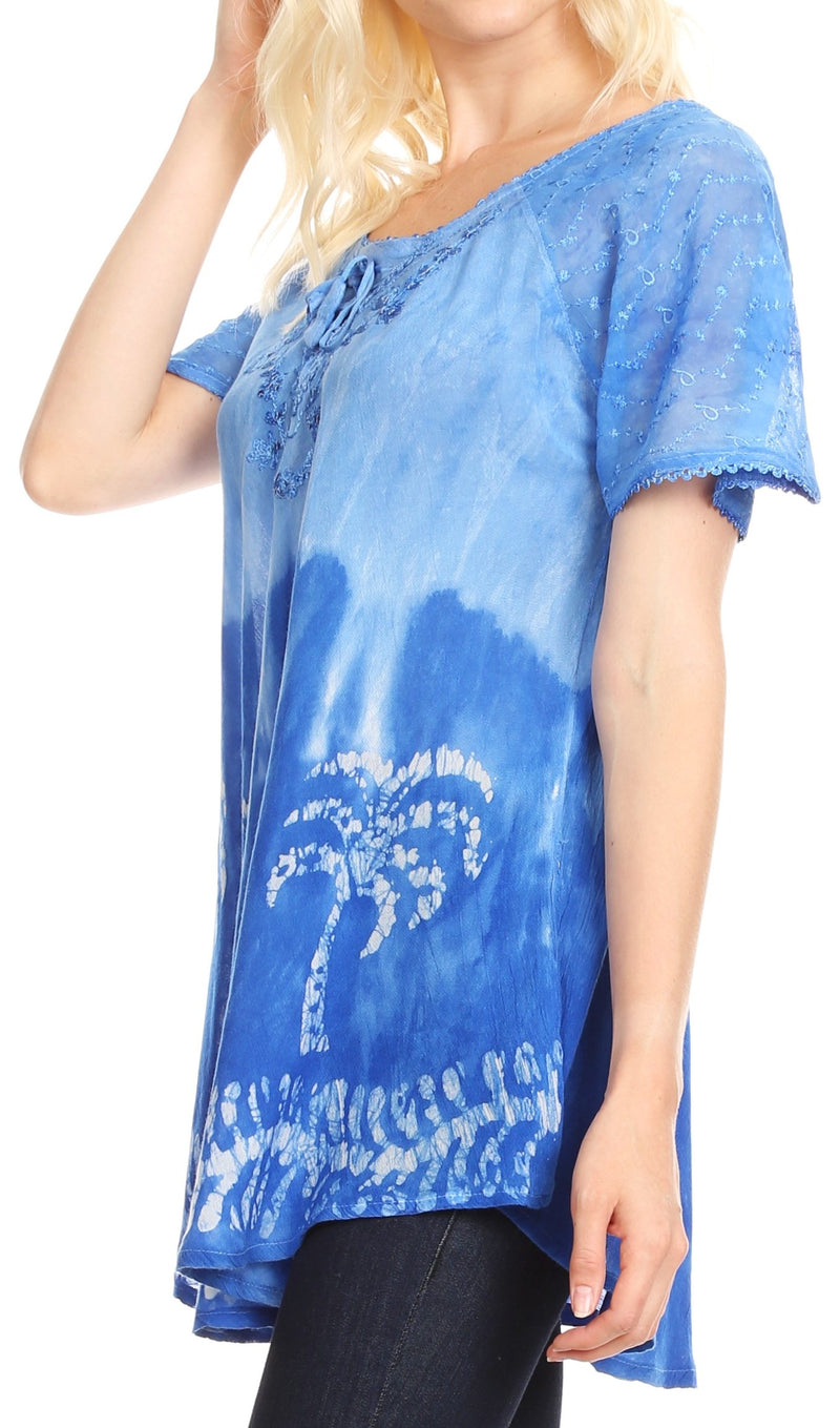 Sakkas Magda Womens Short Sleeve Flare Bohemian Blouse Top Lace Batik Printed
