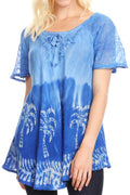 Sakkas Magda Womens Short Sleeve Flare Bohemian Blouse Top Lace Batik Printed#color_RoyalBlue