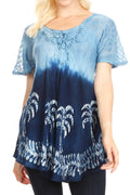 Sakkas Magda Womens Short Sleeve Flare Bohemian Blouse Top Lace Batik Printed#color_SkyBlue