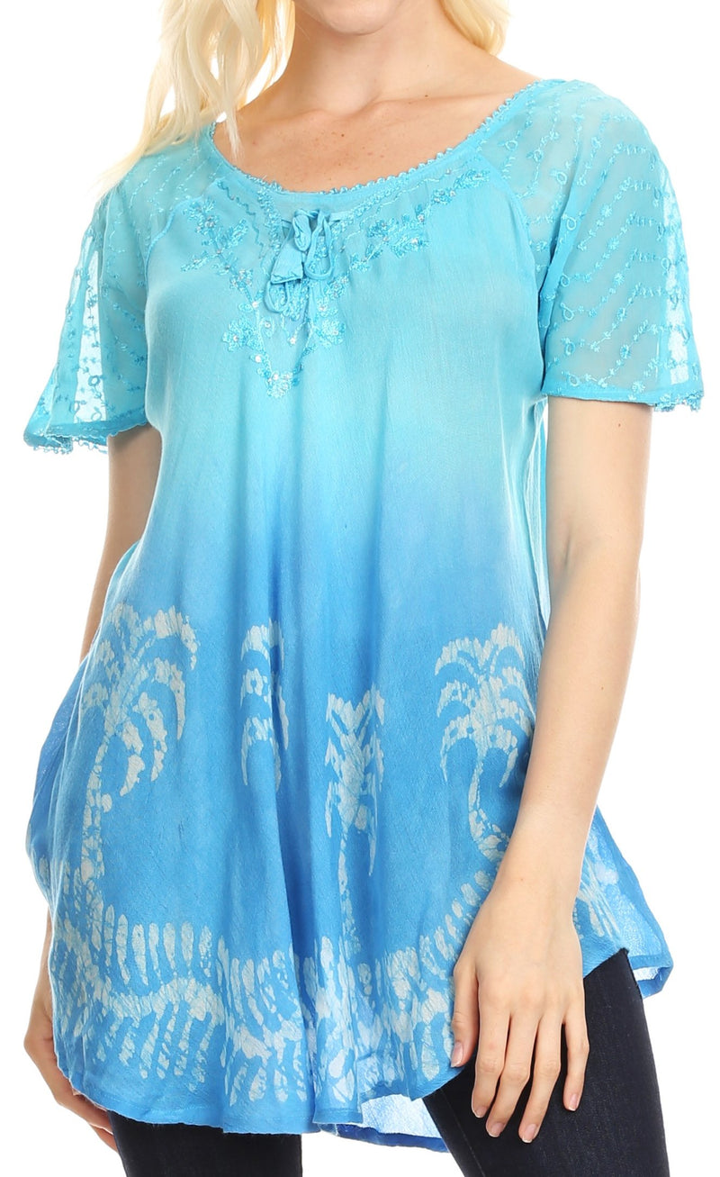 Sakkas Magda Womens Short Sleeve Flare Bohemian Blouse Top Lace Batik Printed