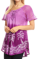 Sakkas Magda Womens Short Sleeve Flare Bohemian Blouse Top Lace Batik Printed