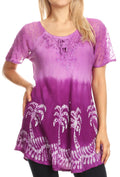 Sakkas Magda Womens Short Sleeve Flare Bohemian Blouse Top Lace Batik Printed#color_Violet