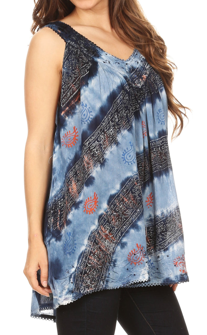 Sakkas Aria Womens Sleeveless V-neck Tank Top Tie-dye with Sequin & Embroidery