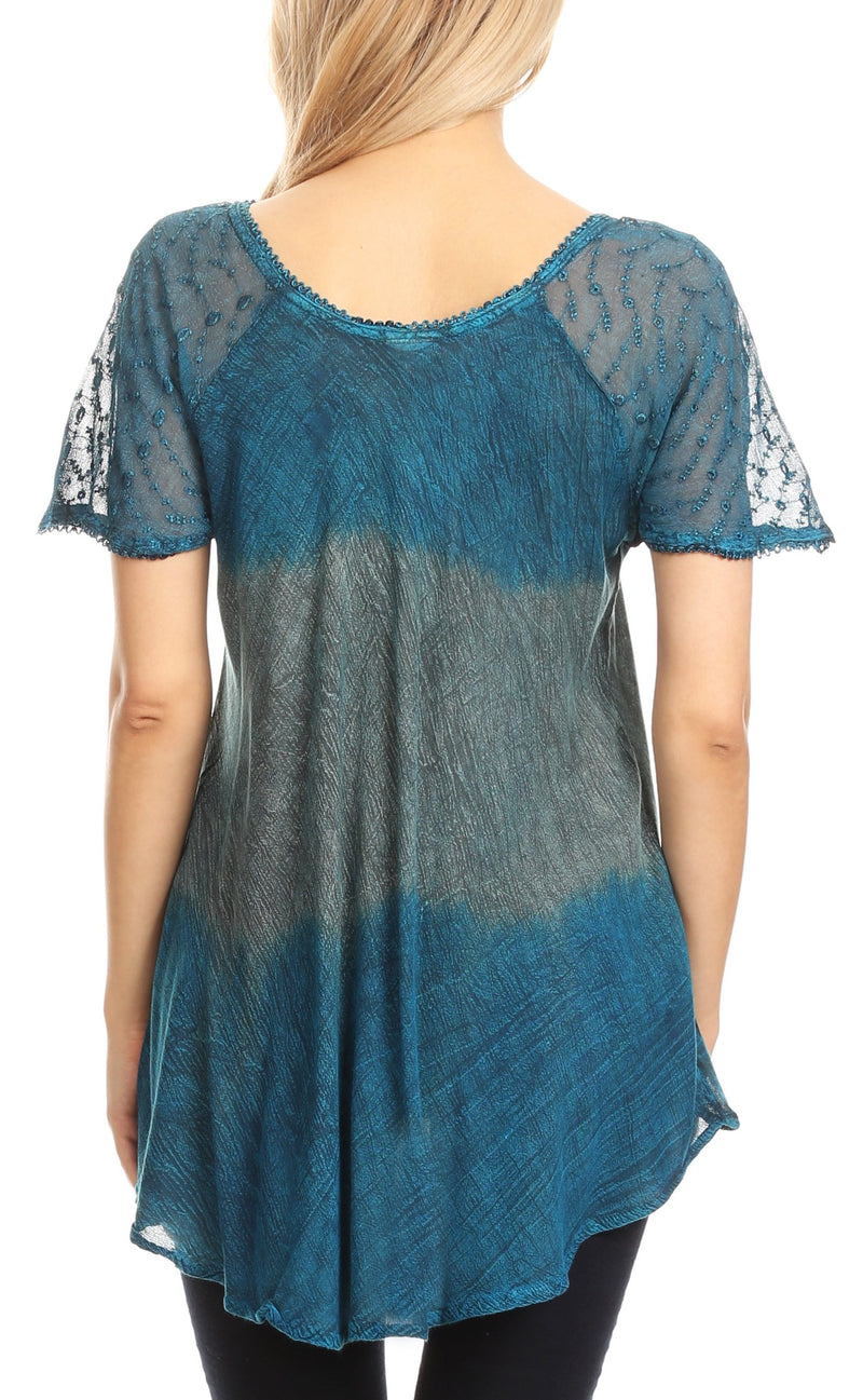 Sakkas Lily Casual Everyday Summer Short Sleeve Top Blouse with Block Print & Lace