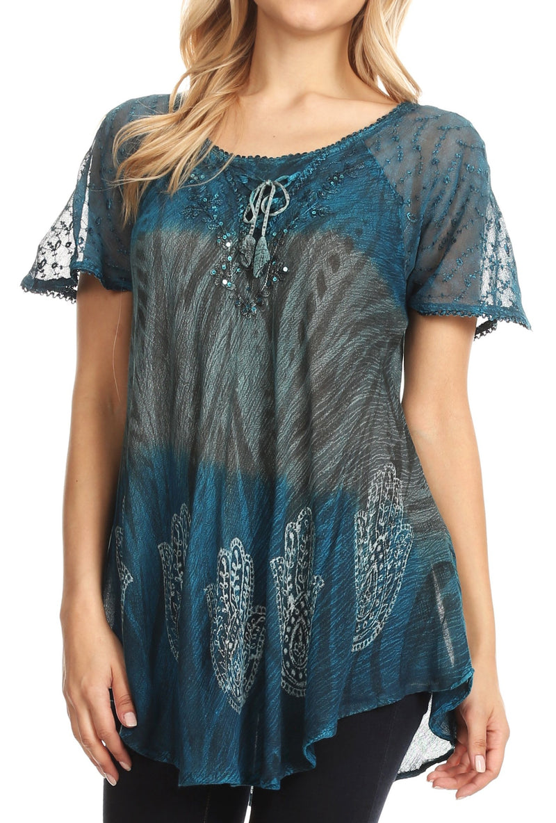 Sakkas Lily Casual Everyday Summer Short Sleeve Top Blouse with Block Print & Lace