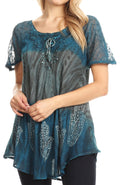 Sakkas Lily Casual Everyday Summer Short Sleeve Top Blouse with Block Print & Lace#color_Turquoise