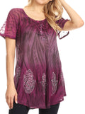 Sakkas Lily Casual Everyday Summer Short Sleeve Top Blouse with Block Print & Lace#color_Fuchsia