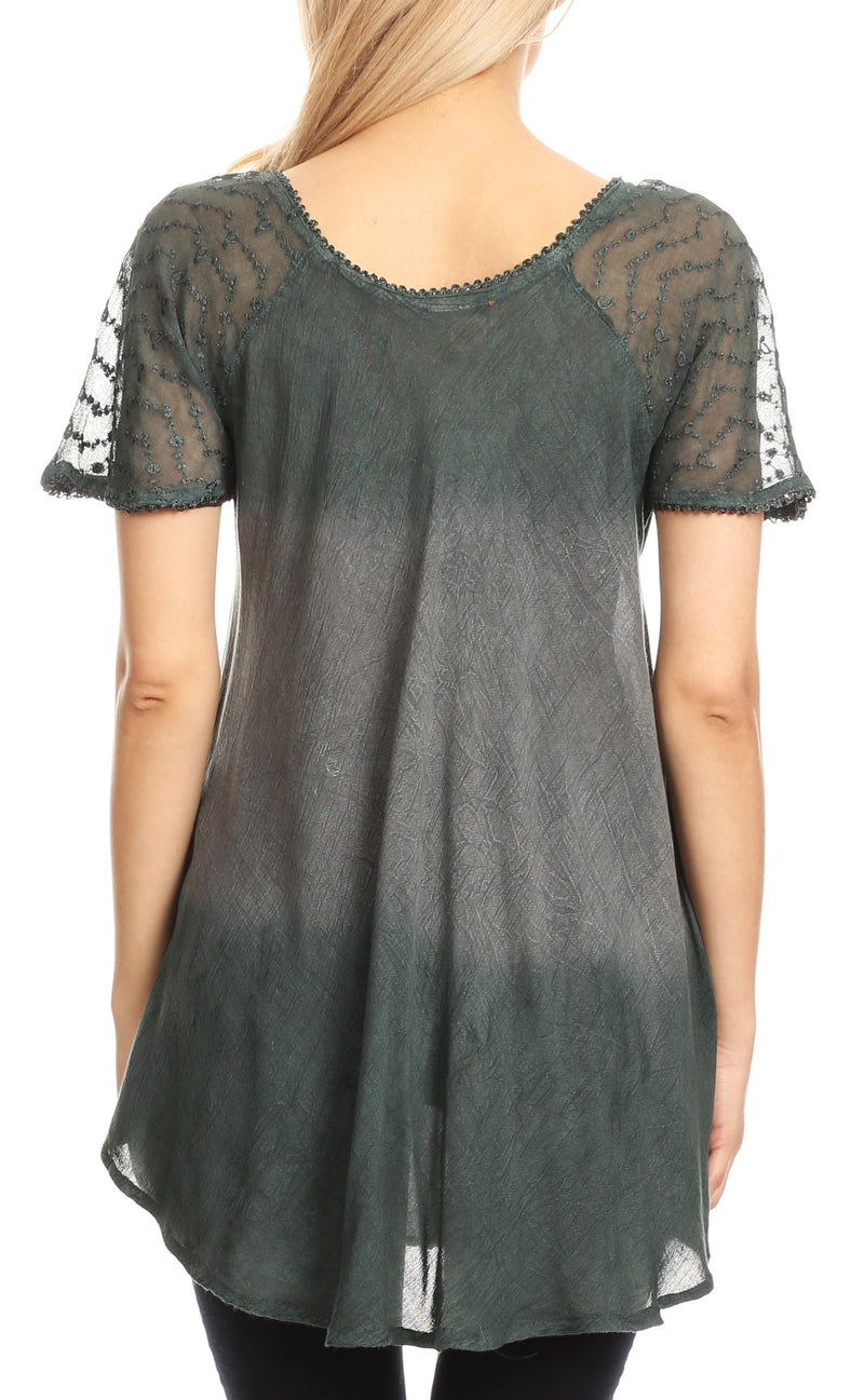 Sakkas Lily Casual Everyday Summer Short Sleeve Top Blouse with Block Print & Lace