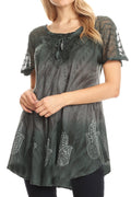 Sakkas Lily Casual Everyday Summer Short Sleeve Top Blouse with Block Print & Lace#color_Grey