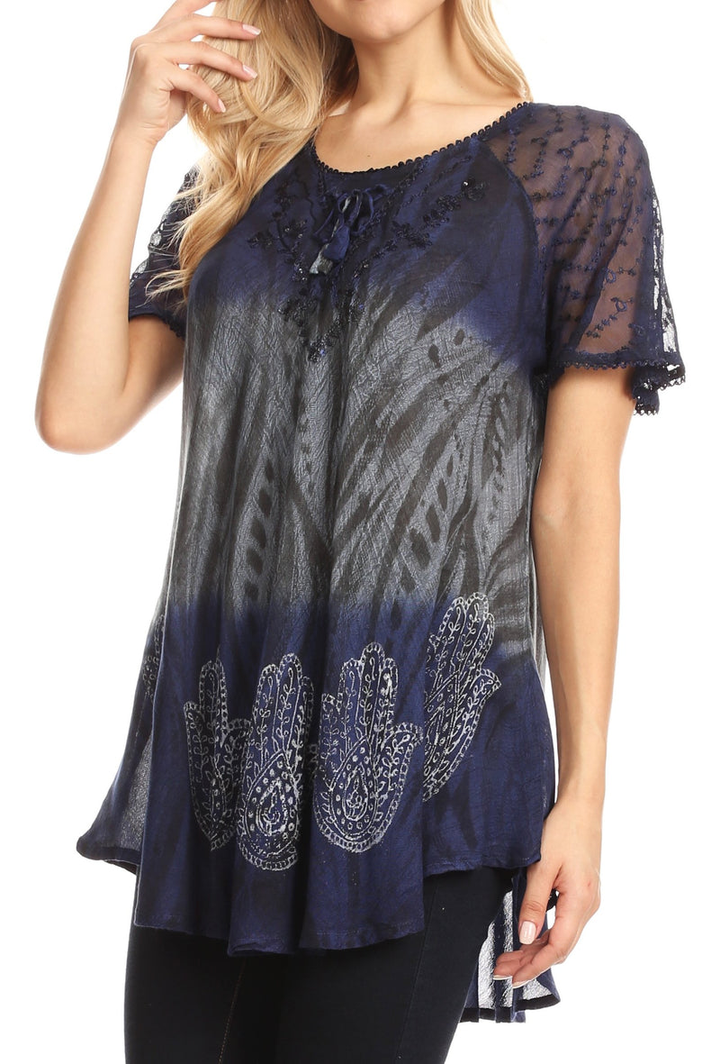 Sakkas Lily Casual Everyday Summer Short Sleeve Top Blouse with Block Print & Lace