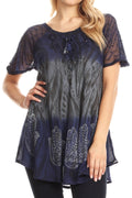 Sakkas Lily Casual Everyday Summer Short Sleeve Top Blouse with Block Print & Lace#color_Navy