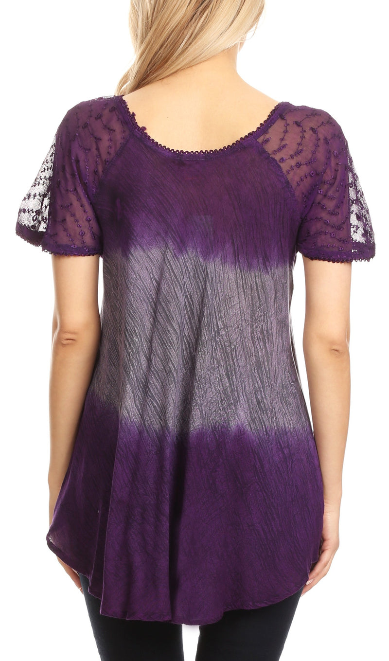 Sakkas Lily Casual Everyday Summer Short Sleeve Top Blouse with Block Print & Lace