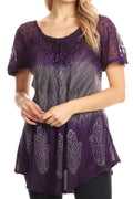 Sakkas Lily Casual Everyday Summer Short Sleeve Top Blouse with Block Print & Lace#color_Purple