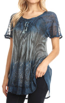 Sakkas Lily Casual Everyday Summer Short Sleeve Top Blouse with Block Print & Lace