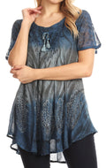 Sakkas Lily Casual Everyday Summer Short Sleeve Top Blouse with Block Print & Lace#color_SteelBlue