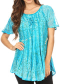 Sakkas Catia Casual Short Sleeves Tie-dye Blouse Top with Embroidery and Sequin#color_Turquoise