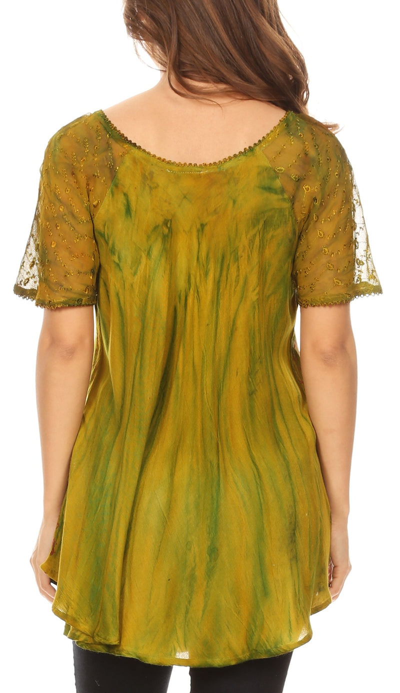 Sakkas Catia Casual Short Sleeves Tie-dye Blouse Top with Embroidery and Sequin