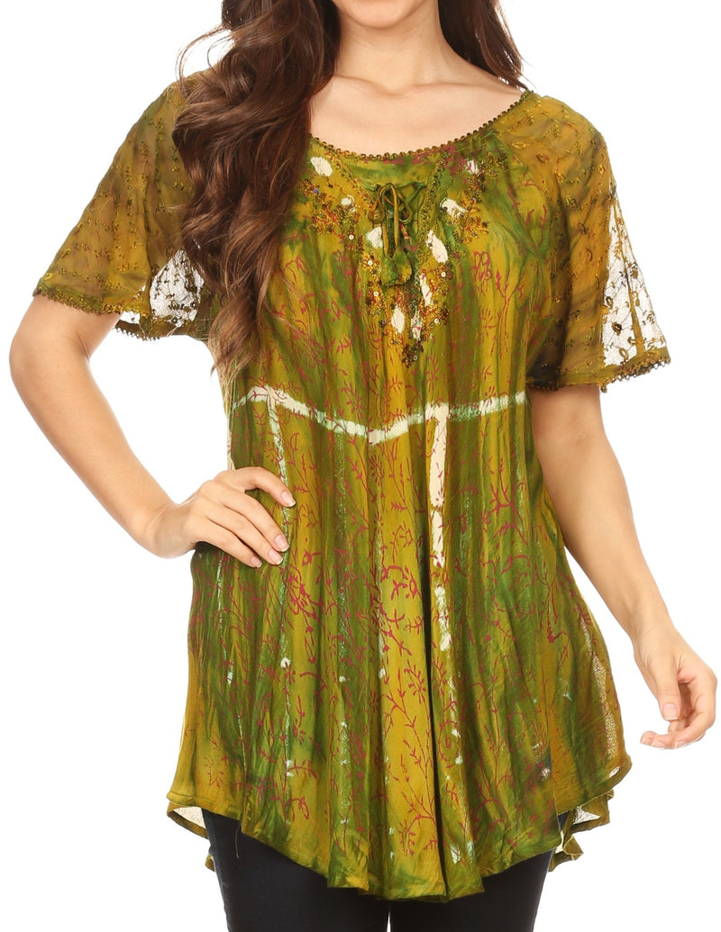 Sakkas Catia Casual Short Sleeves Tie-dye Blouse Top with Embroidery and Sequin