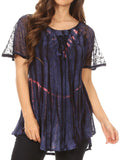 Sakkas Catia Casual Short Sleeves Tie-dye Blouse Top with Embroidery and Sequin#color_Navy