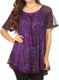 Sakkas Catia Casual Short Sleeves Tie-dye Blouse Top with Embroidery and Sequin#color_Purple