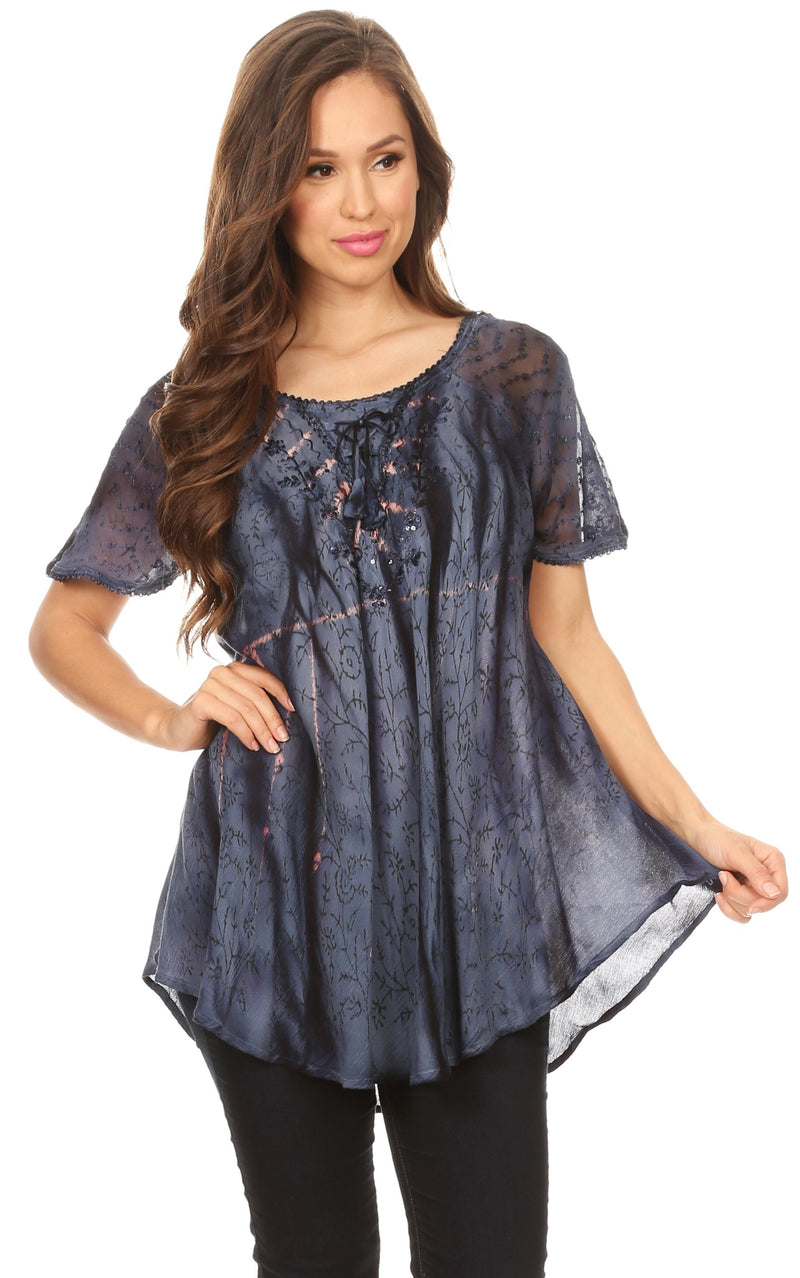Sakkas Catia Casual Short Sleeves Tie-dye Blouse Top with Embroidery and Sequin