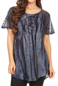 Sakkas Catia Casual Short Sleeves Tie-dye Blouse Top with Embroidery and Sequin#color_SteelBlue