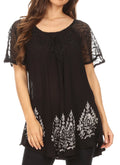 Sakkas Alberta Womens Short Sleeve Corset Blouse Top with Batik and Lace Sleeves#color_Black