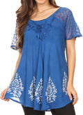Sakkas Alberta Womens Short Sleeve Corset Blouse Top with Batik and Lace Sleeves#color_Indigo/Blue
