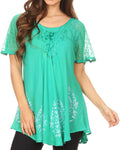 Sakkas Alberta Womens Short Sleeve Corset Blouse Top with Batik and Lace Sleeves#color_KellyGreen