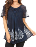 Sakkas Alberta Womens Short Sleeve Corset Blouse Top with Batik and Lace Sleeves#color_Navy