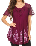 Sakkas Alberta Womens Short Sleeve Corset Blouse Top with Batik and Lace Sleeves#color_Purple