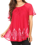 Sakkas Alberta Womens Short Sleeve Corset Blouse Top with Batik and Lace Sleeves#color_Raspberry