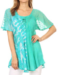 Sakkas Iris Womens Tie-dye Short Sleeve Blouse Top with Corset and Embroidery#color_SeaGreen
