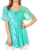 Sakkas Iris Womens Tie-dye Short Sleeve Blouse Top with Corset and Embroidery