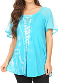 Sakkas Iris Womens Tie-dye Short Sleeve Blouse Top with Corset and Embroidery#color_Turquoise