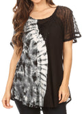 Sakkas Iris Womens Tie-dye Short Sleeve Blouse Top with Corset and Embroidery#color_Black