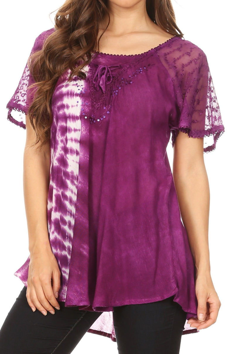 Sakkas Iris Womens Tie-dye Short Sleeve Blouse Top with Corset and Embroidery