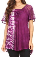 Sakkas Iris Womens Tie-dye Short Sleeve Blouse Top with Corset and Embroidery#color_Purple