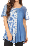 Sakkas Iris Womens Tie-dye Short Sleeve Blouse Top with Corset and Embroidery#color_SkyBlue