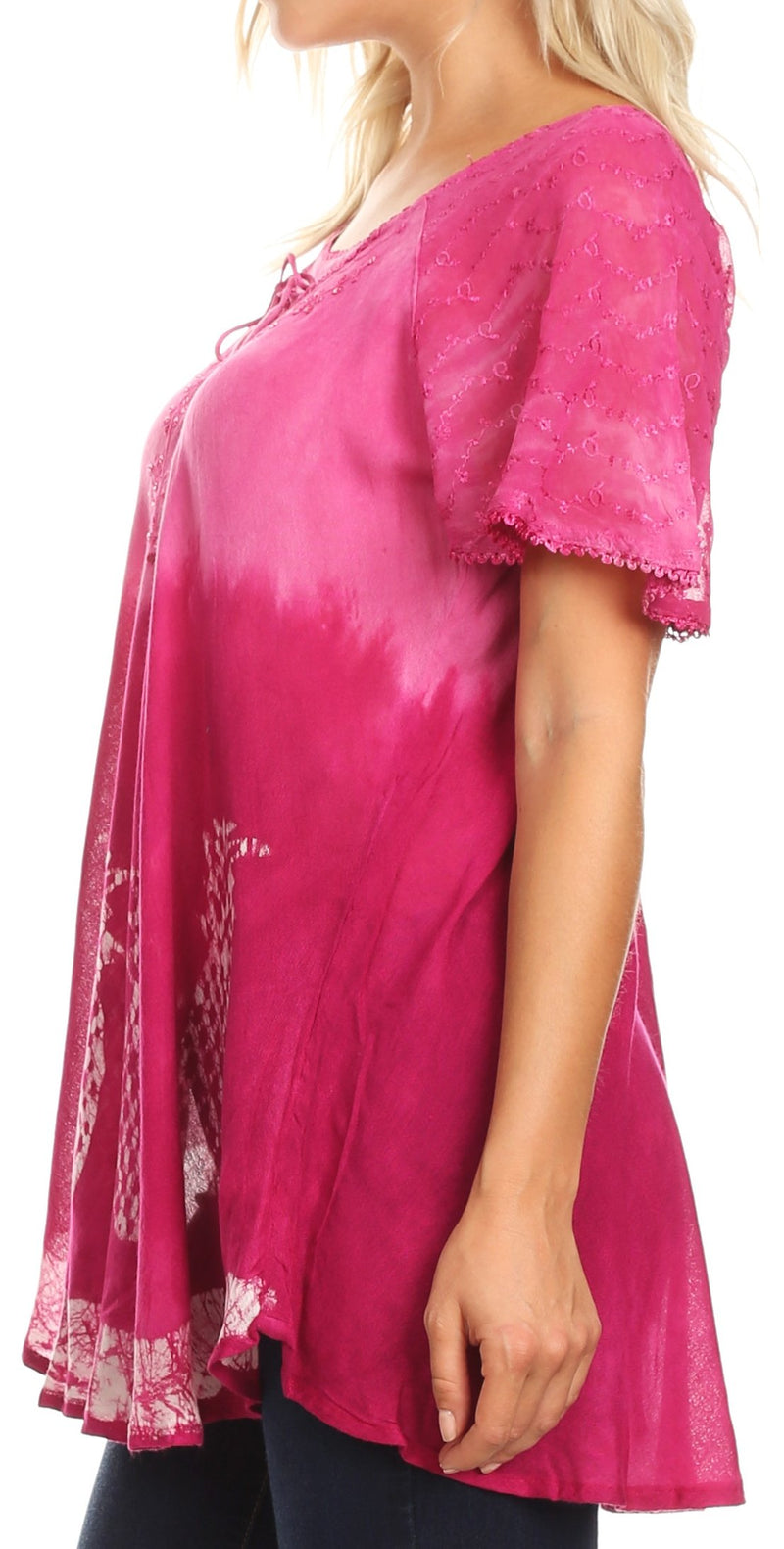 Sakkas Ivanna Womens Short Raglan Lace Sleeve Flowy Top Blouse Tie-dye & Batik
