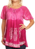 Sakkas Ivanna Womens Short Raglan Lace Sleeve Flowy Top Blouse Tie-dye & Batik#color_Fuschia