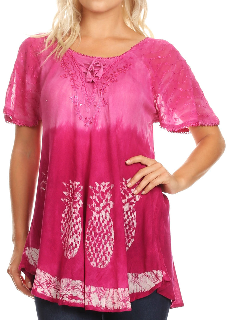 Sakkas Ivanna Womens Short Raglan Lace Sleeve Flowy Top Blouse Tie-dye & Batik