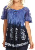Sakkas Ivanna Womens Short Raglan Lace Sleeve Flowy Top Blouse Tie-dye & Batik#color_Blue