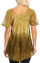 Sakkas Ivanna Womens Short Raglan Lace Sleeve Flowy Top Blouse Tie-dye & Batik