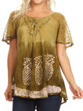 Sakkas Ivanna Womens Short Raglan Lace Sleeve Flowy Top Blouse Tie-dye & Batik#color_Olive 