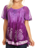 Sakkas Ivanna Womens Short Raglan Lace Sleeve Flowy Top Blouse Tie-dye & Batik#color_Purple 