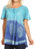 Sakkas Ivanna Womens Short Raglan Lace Sleeve Flowy Top Blouse Tie-dye & Batik#color_Turquoise 