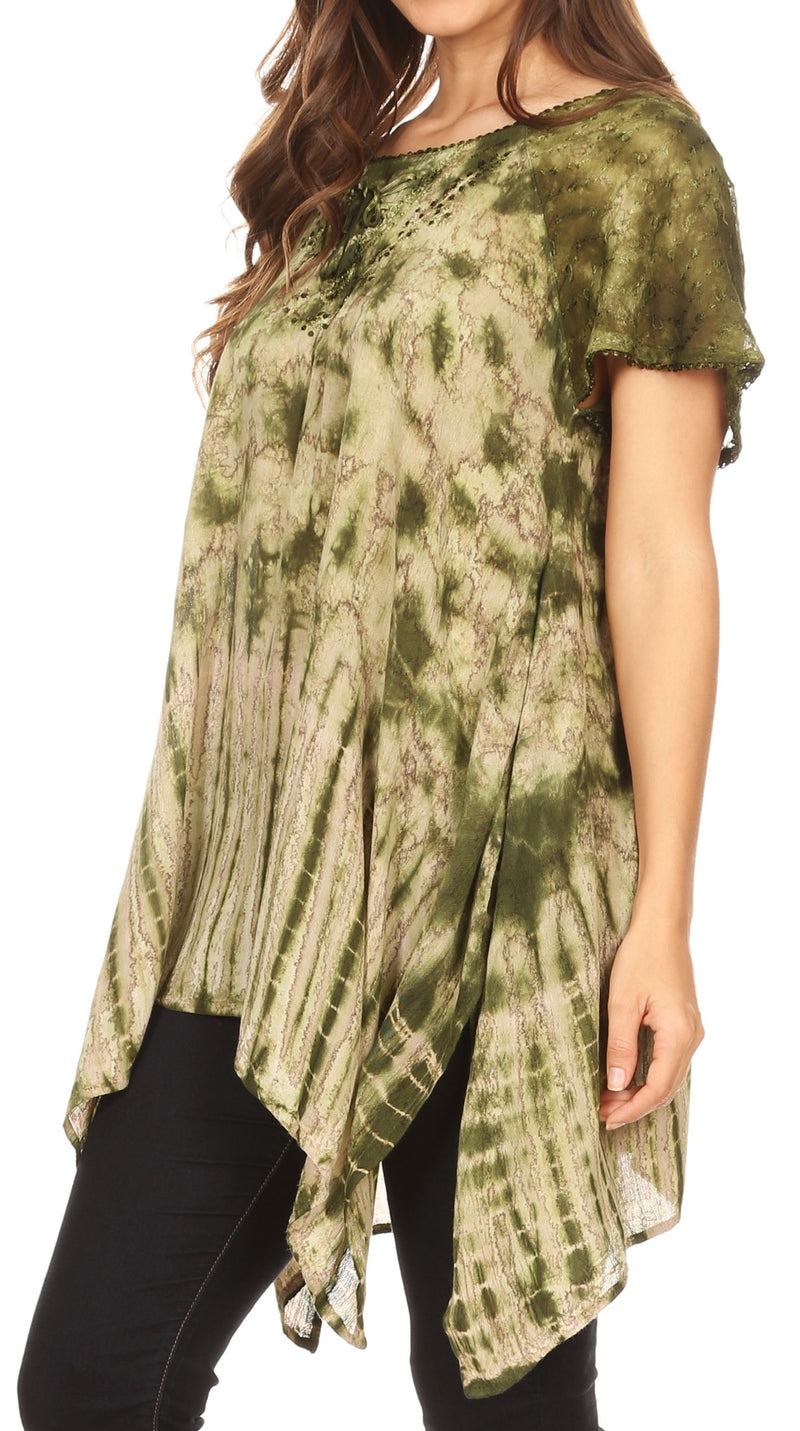 Sakkas Elba Womens Short Sleeves Handkerchief Hem Blouse Top Tie-dye with Sequin
