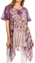 Sakkas Elba Womens Short Sleeves Handkerchief Hem Blouse Top Tie-dye with Sequin#color_Purple